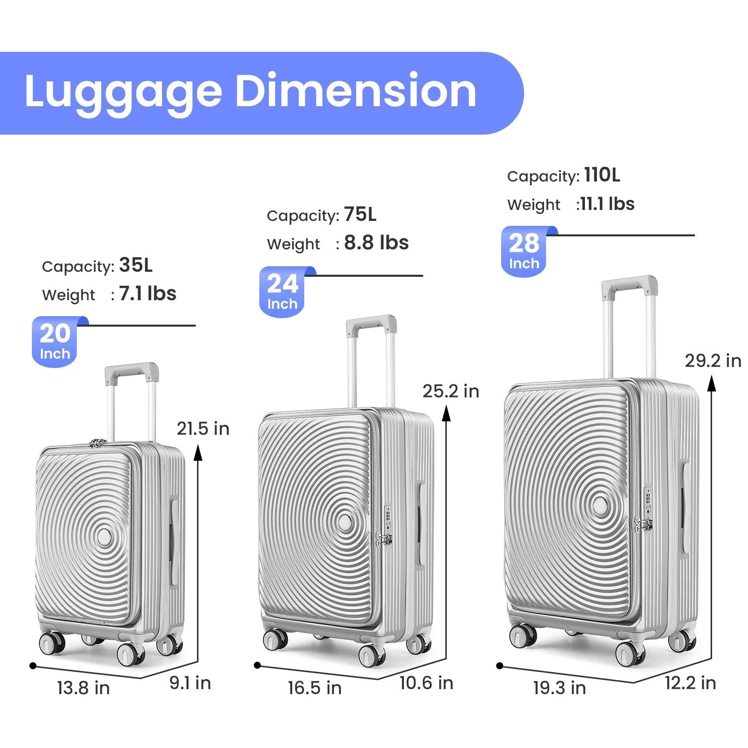 3 Piece (20/24/28) Expandable Luggage Sets with TSA Lock and Spinner Wheels, Hardsided Luggage with Front Pocket