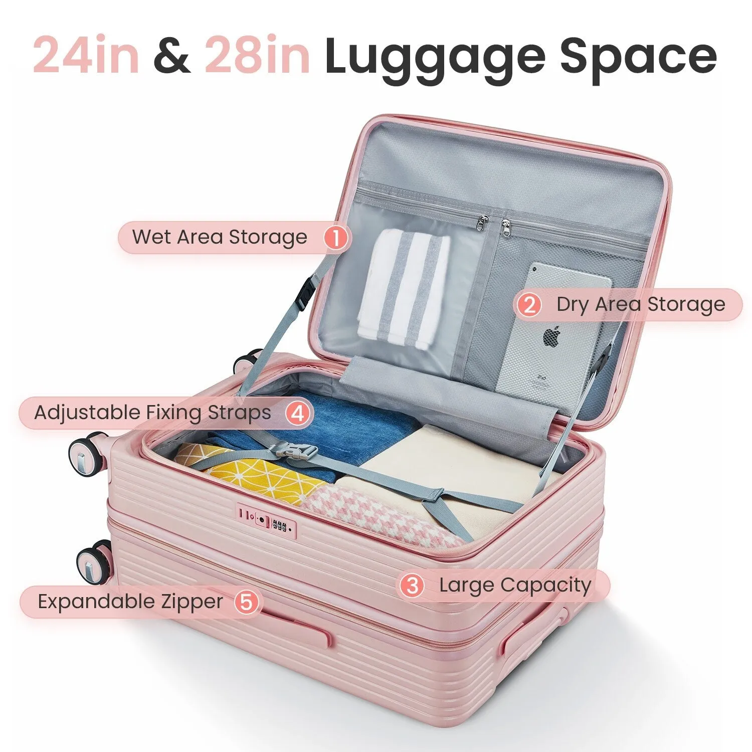 3 Piece (20/24/28) Expandable Luggage Sets with TSA Lock and Spinner Wheels, Hardsided Luggage with Front Pocket