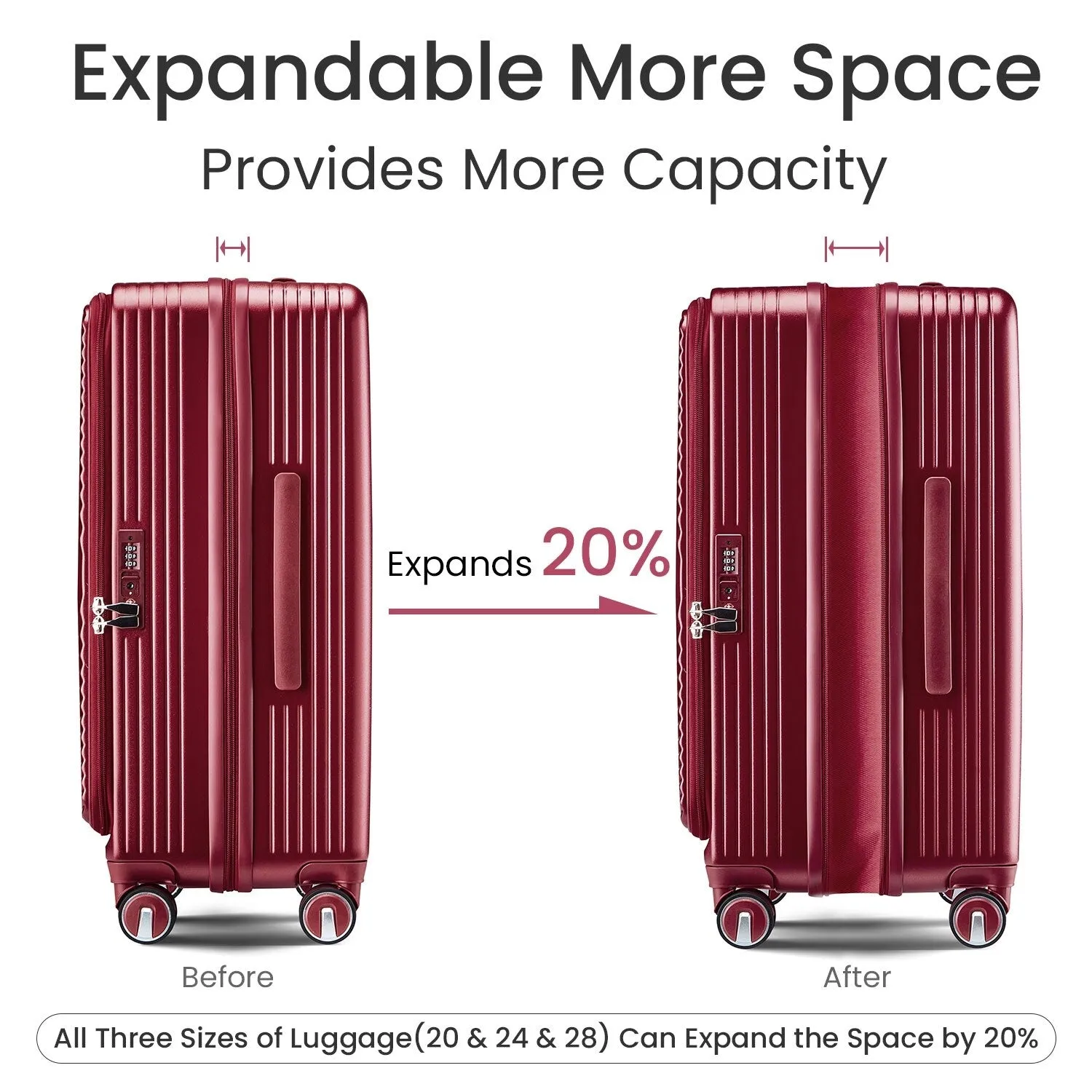 3 Piece (20/24/28) Expandable Luggage Sets with TSA Lock and Spinner Wheels, Hardsided Luggage with Front Pocket