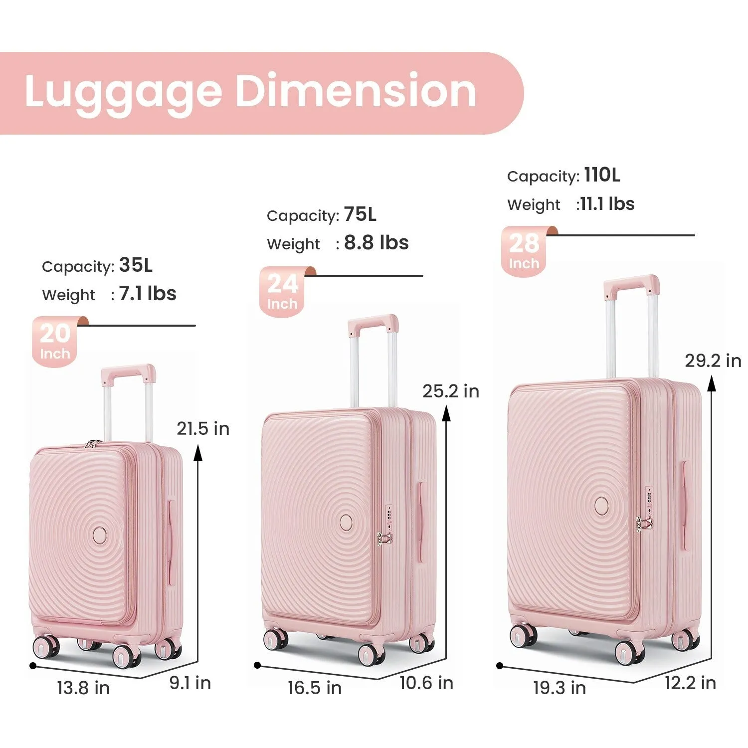 3 Piece (20/24/28) Expandable Luggage Sets with TSA Lock and Spinner Wheels, Hardsided Luggage with Front Pocket