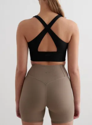 Black Ribbed Performance Zipped Bra