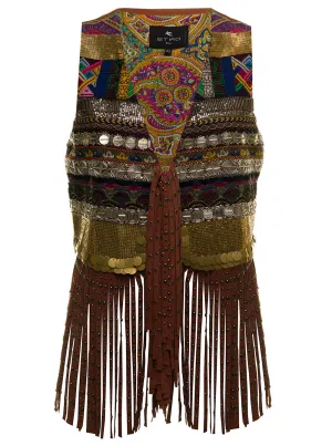 Etro Abstract Patterned Fringe Detailed V-Neck Gilet