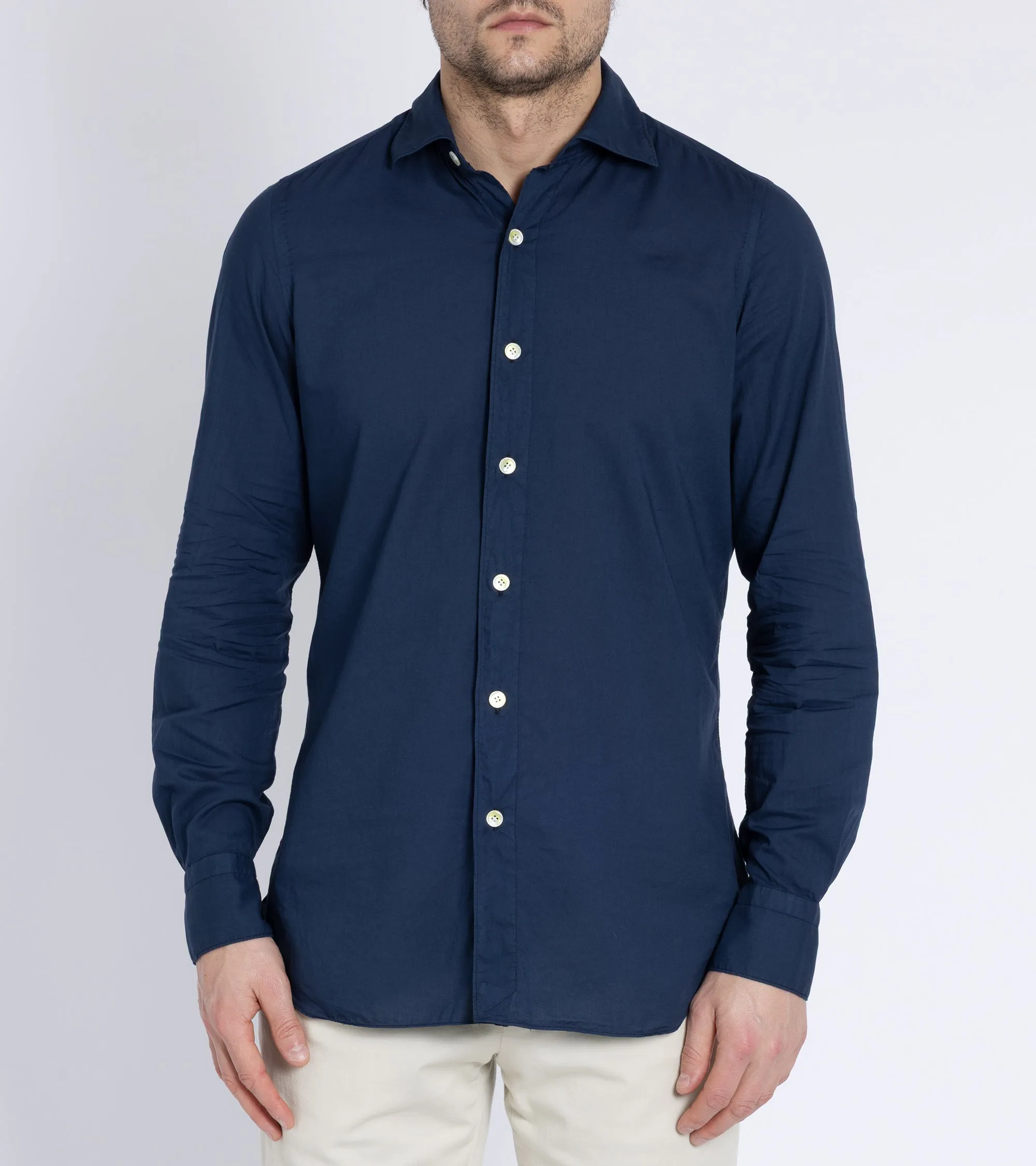Finamore Gaeta Superlight Cotton Luigi Sports Shirt: Navy