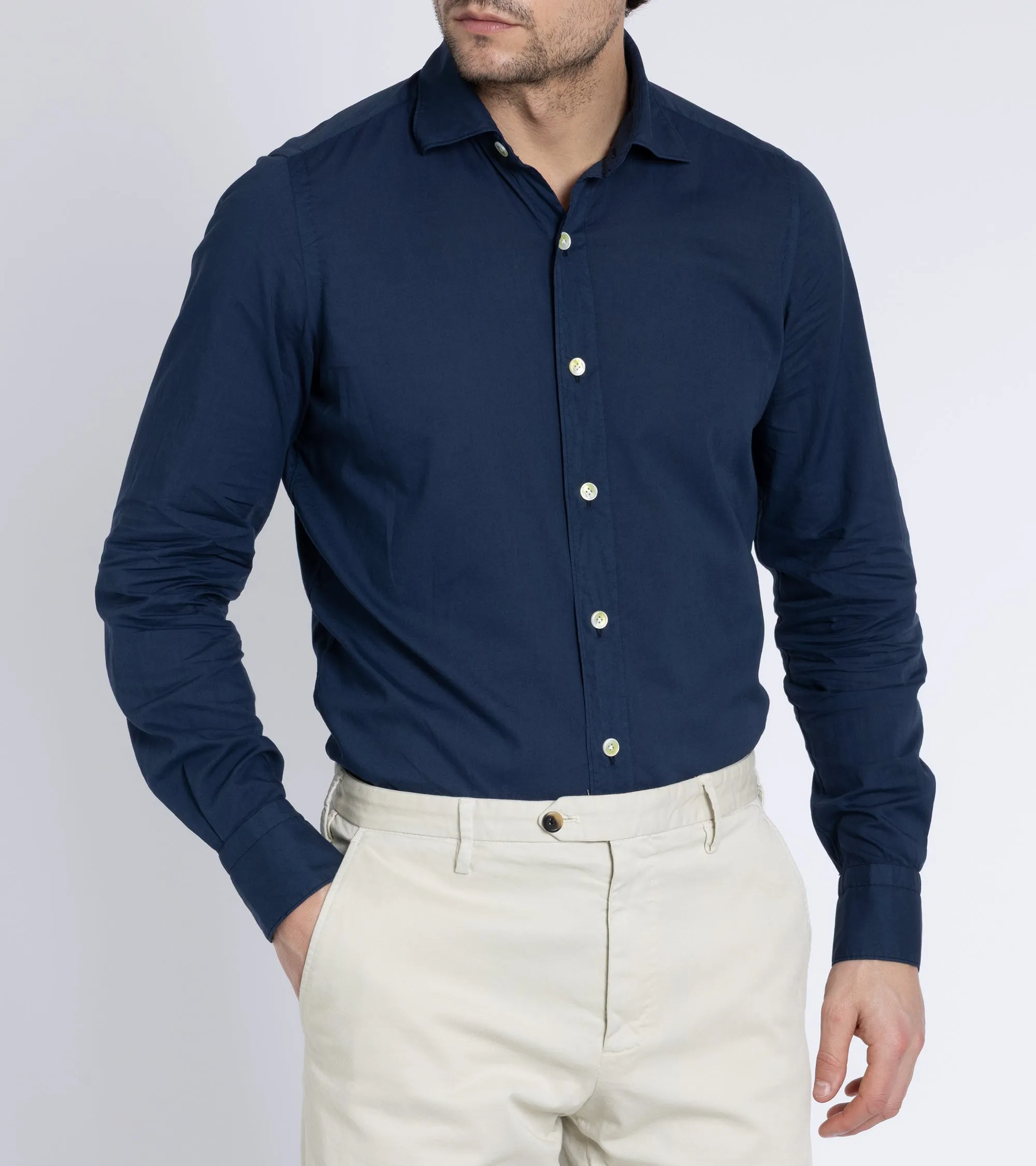 Finamore Gaeta Superlight Cotton Luigi Sports Shirt: Navy