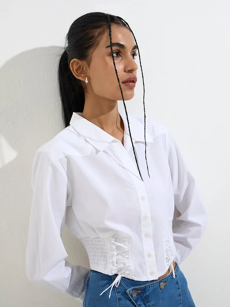 Nuon White Criss-Cross Detailed Cotton Shirt