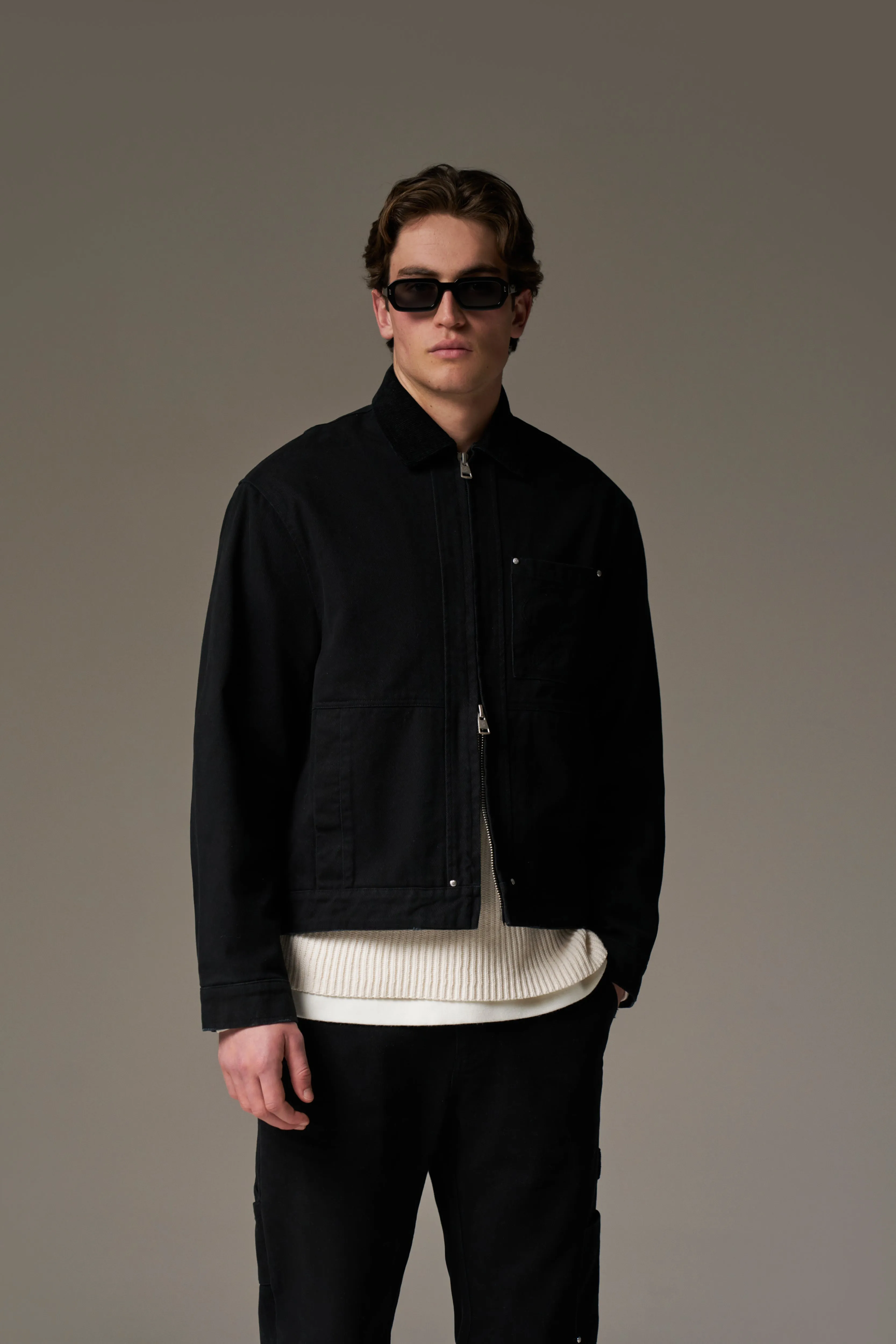 TWILL CONTRAST COLLAR JACKET - WASHED BLACK