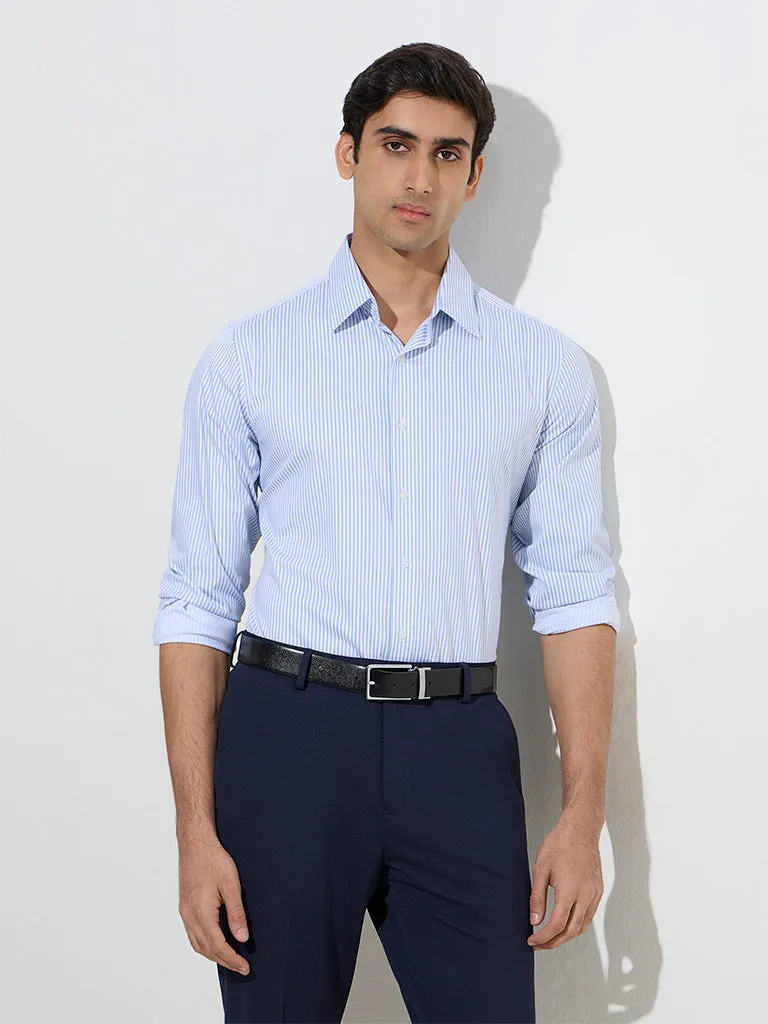 WES Formals Blue Stripe Printed Slim-Fit Cotton Shirt