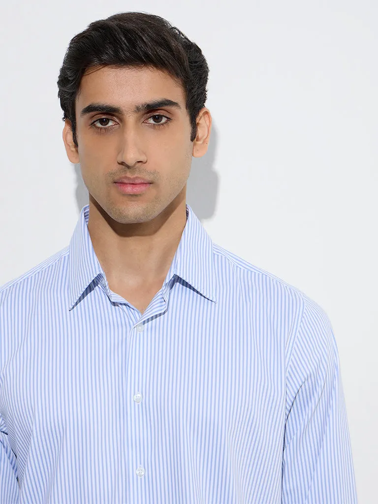 WES Formals Blue Stripe Printed Slim-Fit Cotton Shirt