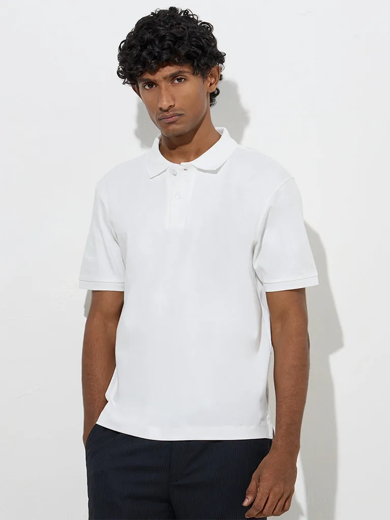 WES Formals White Slim-Fit Cotton Polo T-Shirt