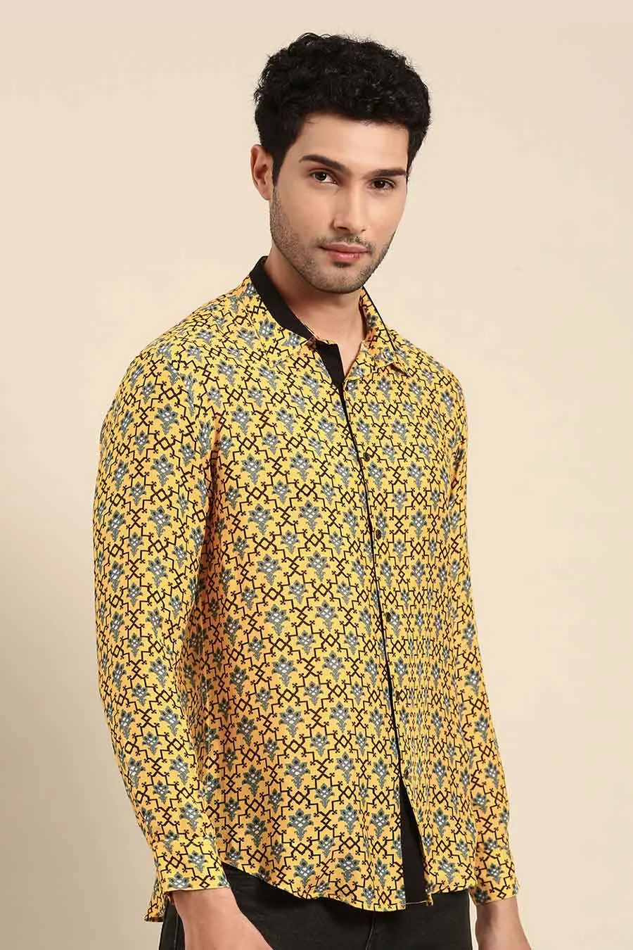 Yellow Muslin Printed Shirt