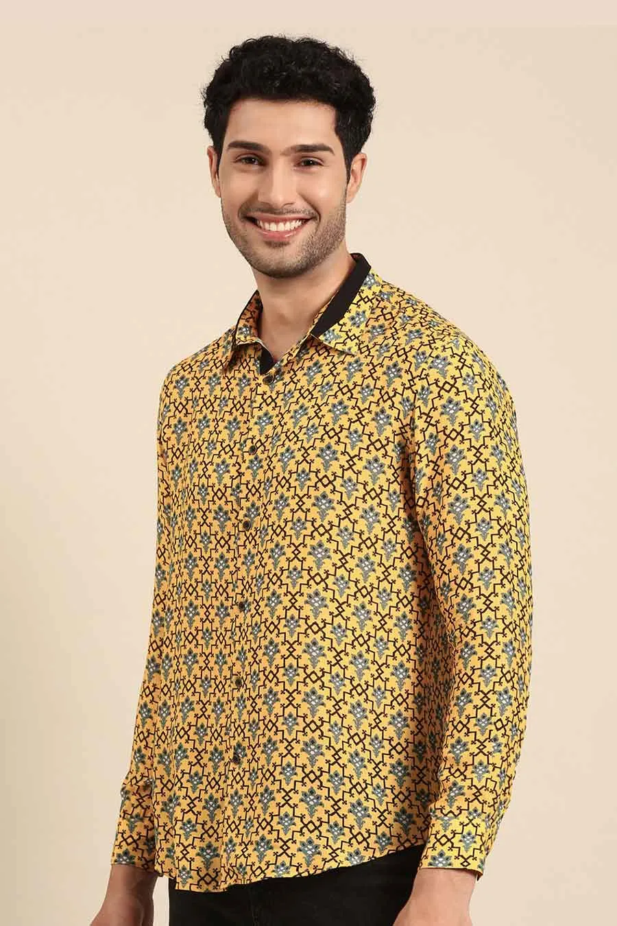 Yellow Muslin Printed Shirt